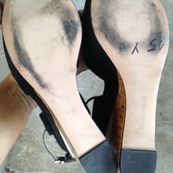 ZARA Black Suede White Cork Platform Wedge Heels - Picture 8 of 9